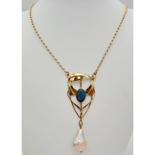 1069 - AN EDWARDIAN PENDANT WITH BLACK OPAL AND NATURAL PEARL ON A BELCHER CHAIN .14.4gms   52cms