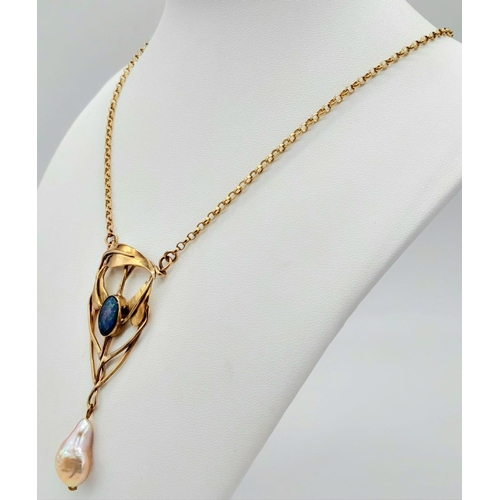 1069 - AN EDWARDIAN PENDANT WITH BLACK OPAL AND NATURAL PEARL ON A BELCHER CHAIN .14.4gms   52cms