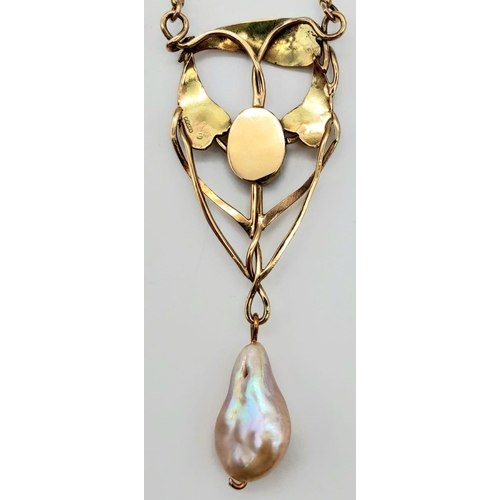 1069 - AN EDWARDIAN PENDANT WITH BLACK OPAL AND NATURAL PEARL ON A BELCHER CHAIN .14.4gms   52cms