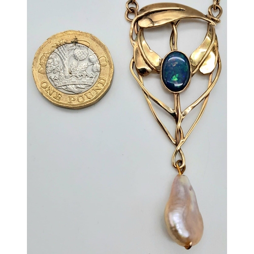 1069 - AN EDWARDIAN PENDANT WITH BLACK OPAL AND NATURAL PEARL ON A BELCHER CHAIN .14.4gms   52cms