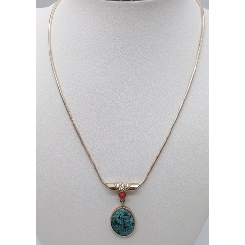 1116 - A Vintage ‘Revival Style’ Sterling Silver Turquoise, Coral and Clear Stone Set Pendant Necklace. 40c... 