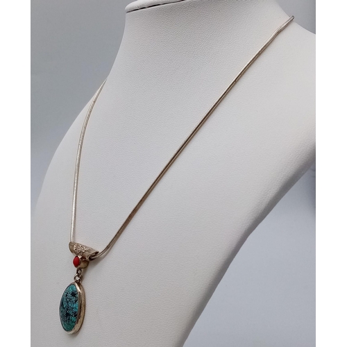 1116 - A Vintage ‘Revival Style’ Sterling Silver Turquoise, Coral and Clear Stone Set Pendant Necklace. 40c... 