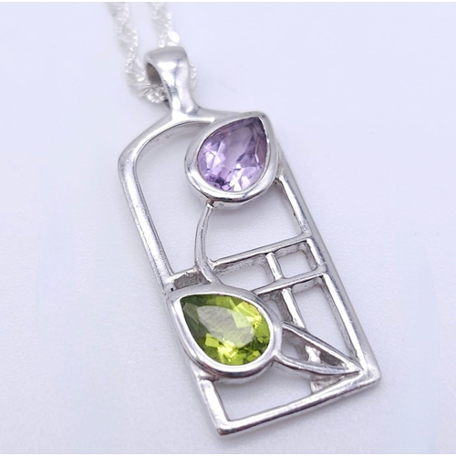 1143 - Sterling Silver, Rennie Mackintosh Design, Peridot and Amethyst Set Pendant
Necklace. 45cm Length St... 