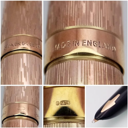 239 - A Wonderful Parker Pen 9K Gold Writing Set. Fountain, ballpoint and pencil in decorative bark-effect... 