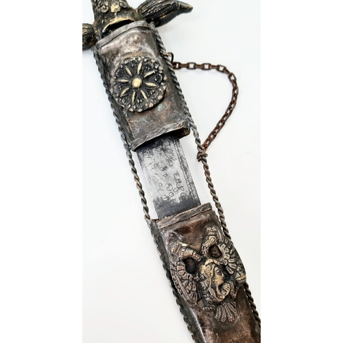 544 - A Very Rare & Unique, Antique, Middle Eastern White Metal Brass Ornate Dagger. 38.5cm Length. Inscri... 