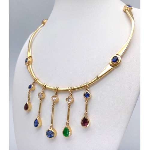 150 - A Cleopatra-Esque 18K Yellow Gold (Tested) Sapphire, Emerald, Ruby and Diamond Choker Necklace - wit... 