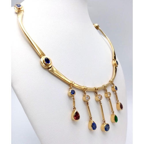 150 - A Cleopatra-Esque 18K Yellow Gold (Tested) Sapphire, Emerald, Ruby and Diamond Choker Necklace - wit... 