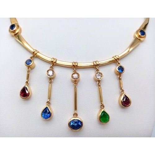 150 - A Cleopatra-Esque 18K Yellow Gold (Tested) Sapphire, Emerald, Ruby and Diamond Choker Necklace - wit... 