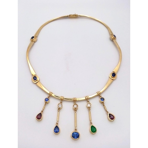 150 - A Cleopatra-Esque 18K Yellow Gold (Tested) Sapphire, Emerald, Ruby and Diamond Choker Necklace - wit... 