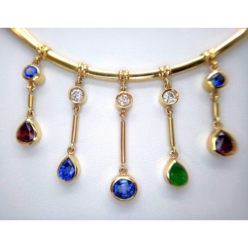 150 - A Cleopatra-Esque 18K Yellow Gold (Tested) Sapphire, Emerald, Ruby and Diamond Choker Necklace - wit... 