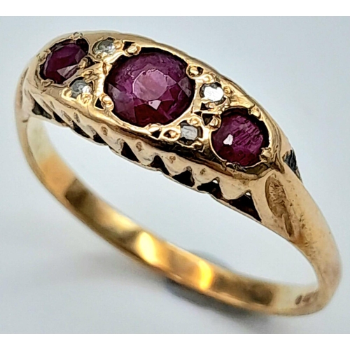 885 - 9kt Yellow Gold, 3 Ruby Stone Ring with Diamonds.
Comes in box.
Size: O
Weight: 2.0g