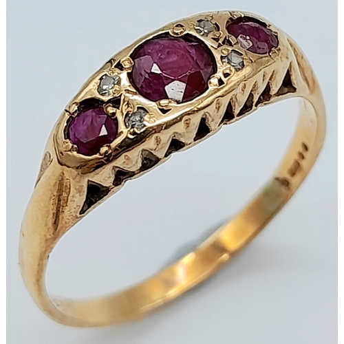 885 - 9kt Yellow Gold, 3 Ruby Stone Ring with Diamonds.
Comes in box.
Size: O
Weight: 2.0g