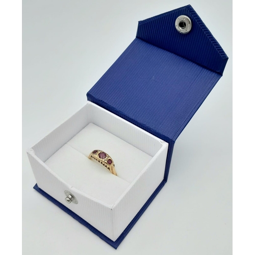 885 - 9kt Yellow Gold, 3 Ruby Stone Ring with Diamonds.
Comes in box.
Size: O
Weight: 2.0g