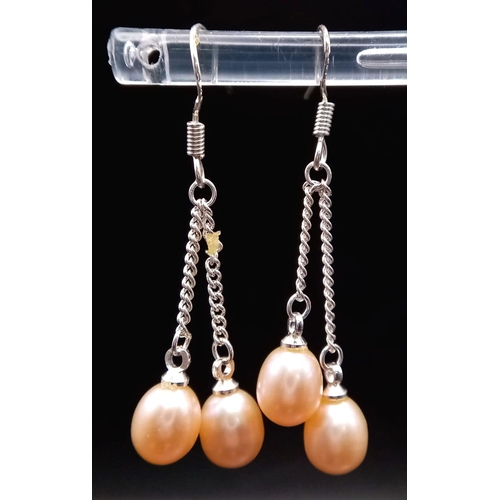 951 - Three Pairs of Freshwater Pearl and 925 Silver Drop Earrings. White, lavender and peach shades. Drop... 