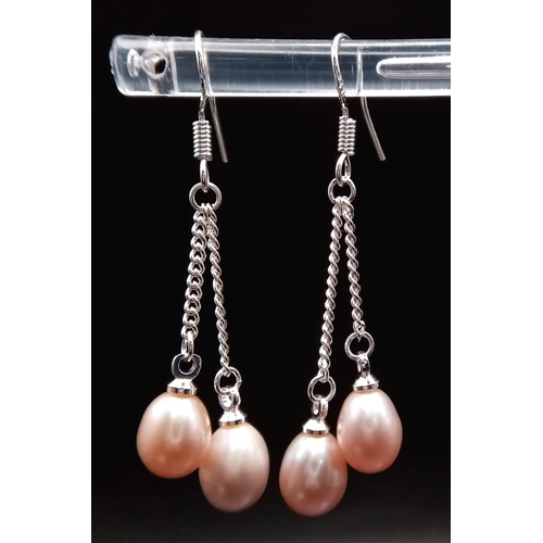 951 - Three Pairs of Freshwater Pearl and 925 Silver Drop Earrings. White, lavender and peach shades. Drop... 