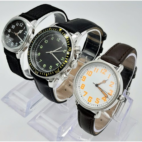 954 - A Parcel of Three Unworn Military Homage Watches.
1) 1970’s Swedish Airman (44mm)
2) 1910’s UK Soldi... 