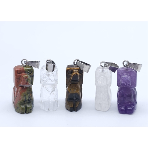 1469 - Five Gemstone Sitting Dog Pendants. 3cm. Includes Tigers Eye and Amethyst.