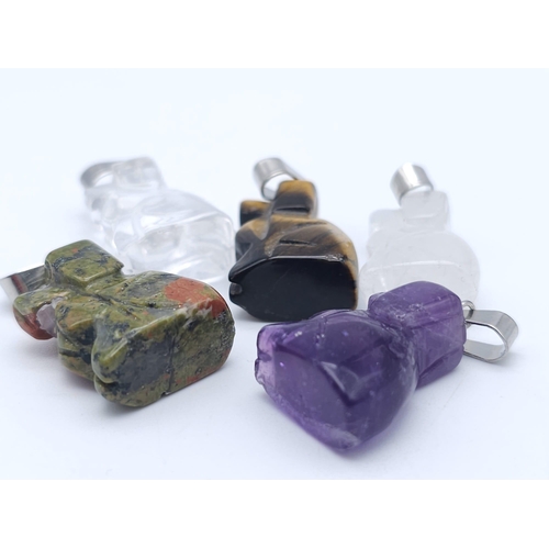 1469 - Five Gemstone Sitting Dog Pendants. 3cm. Includes Tigers Eye and Amethyst.