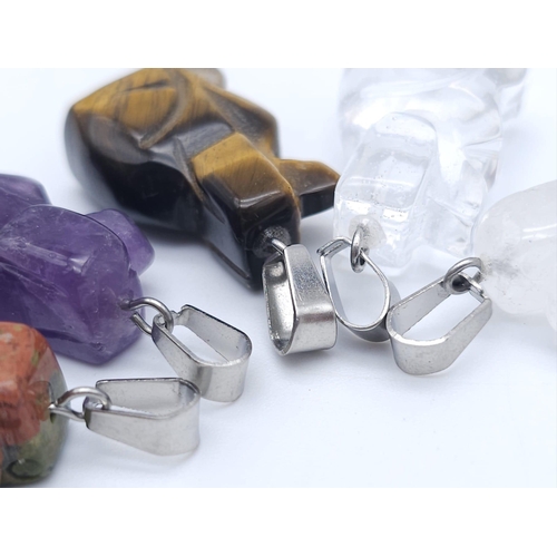 1469 - Five Gemstone Sitting Dog Pendants. 3cm. Includes Tigers Eye and Amethyst.