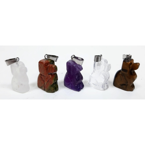 1469 - Five Gemstone Sitting Dog Pendants. 3cm. Includes Tigers Eye and Amethyst.