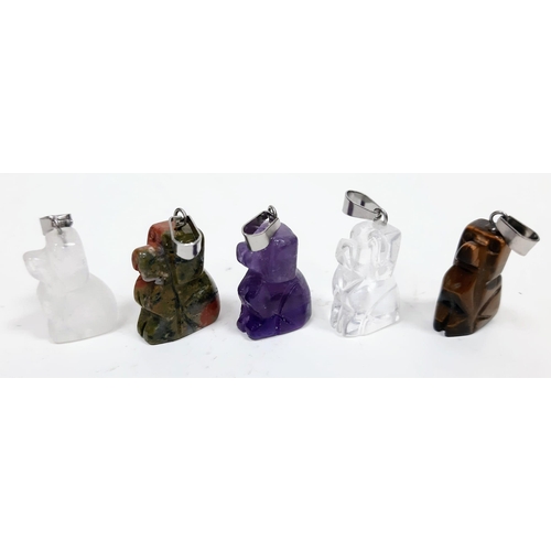 1469 - Five Gemstone Sitting Dog Pendants. 3cm. Includes Tigers Eye and Amethyst.