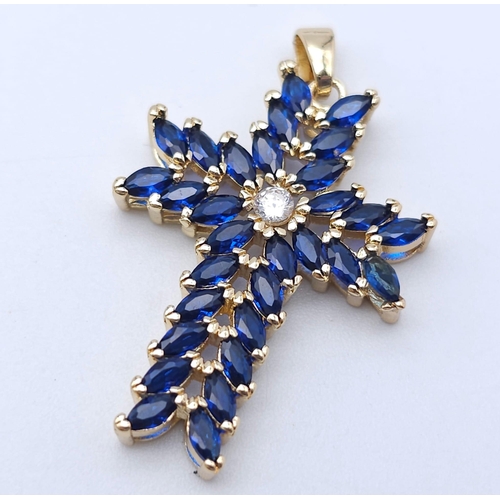 1525 - Two Bright Stone Zirconia Cross Pendants - Blue and White Stones. Largest cross - 4cm x 2cm