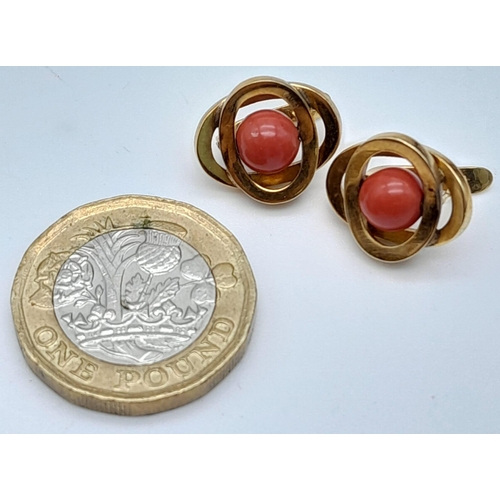 1364 - A Pair of 9K Yellow Gold Orbital Red Coral Earrings. Latch back clasp. 3.27g total weight.