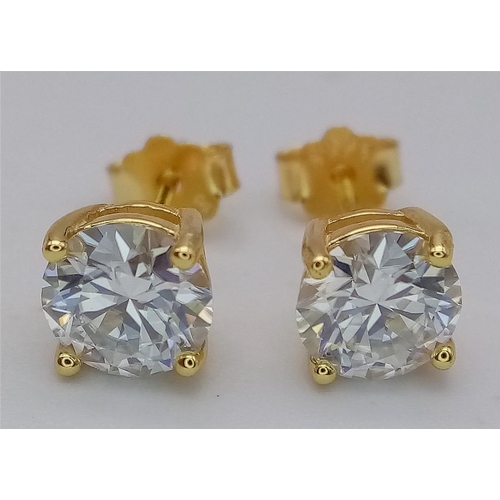 1511 - Gold Plated, Sterling Silver Moissanite Stud Earrings. Approx 1cts, 1.3g total weight,