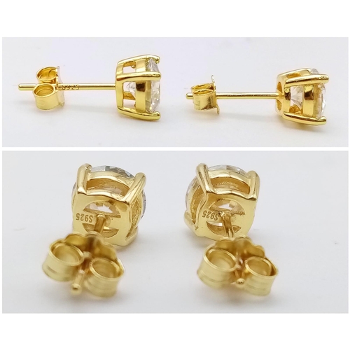 1511 - Gold Plated, Sterling Silver Moissanite Stud Earrings. Approx 1cts, 1.3g total weight,