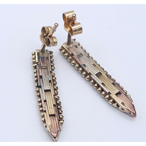 1132 - A Pair of 9K Tri-Colour Gold Dagger-Drop Earrings. 2.37g total weight. 22mm drop