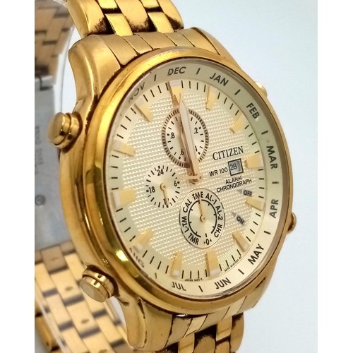 1520 - A Citizen Gilded Chronograph Alarm Quartz Gents Watch. Gilded bracelet and case - 43mm. Gilded white... 