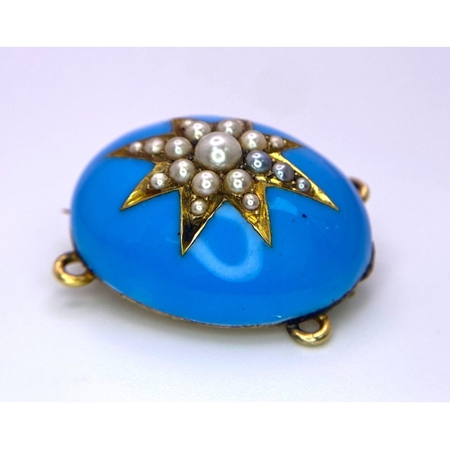 1637 - A Victorian Blue Enamel, Pearl and Mid-Karat Gold Remembrance Brooch. Domed blue enamel with a decor... 