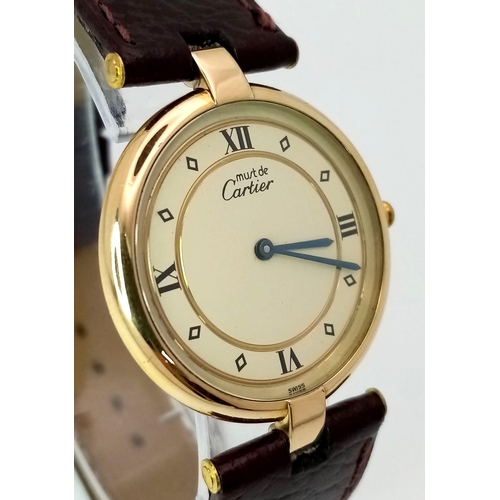 1672 - A Must de Cartier Quartz Gents Vermeil 925 Silver Watch. Brown leather strap. Vermeil case - 30mm. C... 