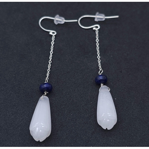 1679 - A Pair of Sterling Silver Drop Chain Earrings with White Jade and Lapis Stones. 7cm in length, 6.3g ... 