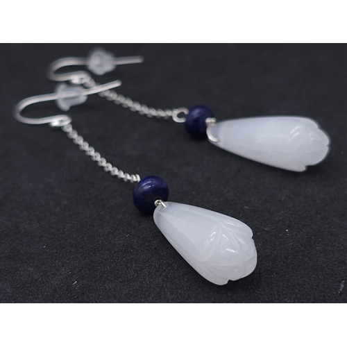 1679 - A Pair of Sterling Silver Drop Chain Earrings with White Jade and Lapis Stones. 7cm in length, 6.3g ... 