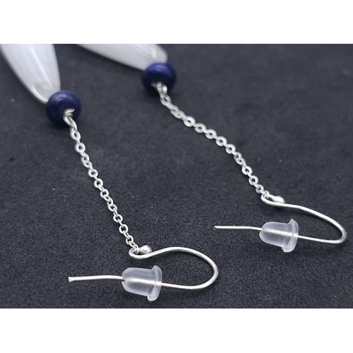 1679 - A Pair of Sterling Silver Drop Chain Earrings with White Jade and Lapis Stones. 7cm in length, 6.3g ... 