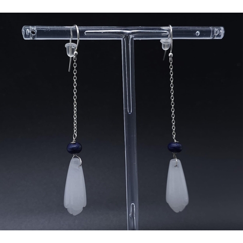 1679 - A Pair of Sterling Silver Drop Chain Earrings with White Jade and Lapis Stones. 7cm in length, 6.3g ... 