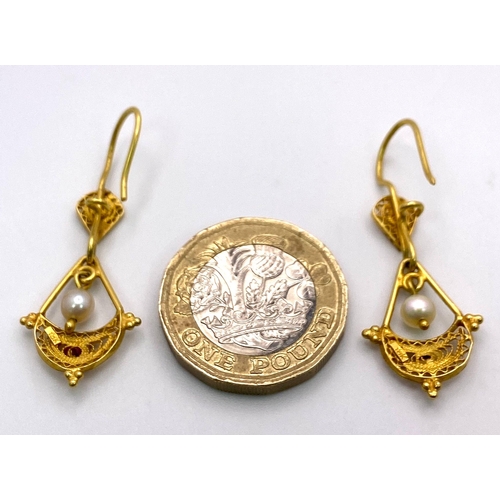 1394 - A Pair of Antique 18K Yellow Gold, Pearl and Ruby Drop Earrings. Beautiful 'hanging basket' design. ... 