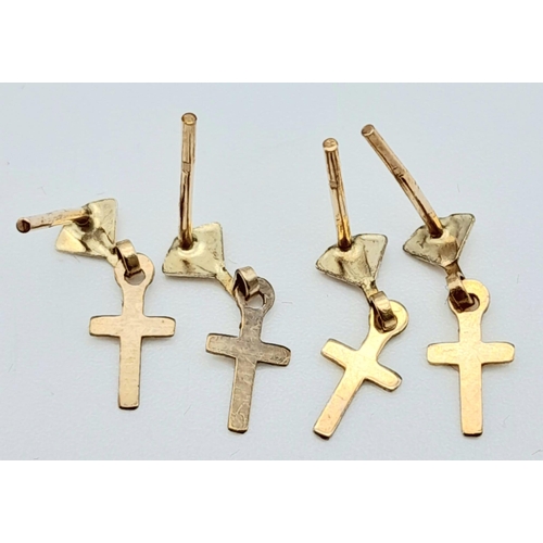 1422 - Two Pairs of Delicate 9K Yellow Gold Cross Earrings. No backs. 0.6g total weight.