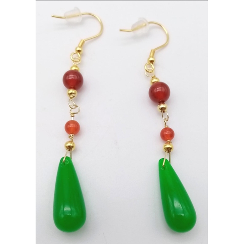 1450 - Pair of Gold Plated, Sterling Silver Beaded Drop Earrings with Jade Stones. 6cm drop, 5g total weigh... 