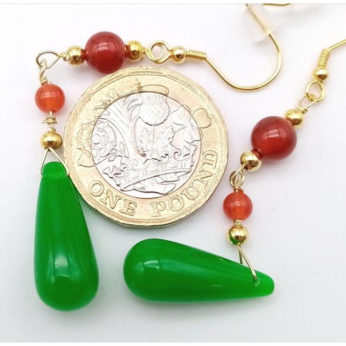 1450 - Pair of Gold Plated, Sterling Silver Beaded Drop Earrings with Jade Stones. 6cm drop, 5g total weigh... 