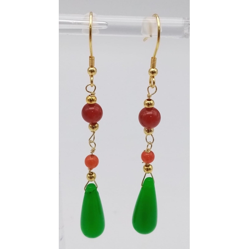 1450 - Pair of Gold Plated, Sterling Silver Beaded Drop Earrings with Jade Stones. 6cm drop, 5g total weigh... 