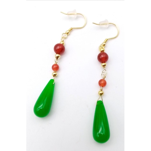 1450 - Pair of Gold Plated, Sterling Silver Beaded Drop Earrings with Jade Stones. 6cm drop, 5g total weigh... 