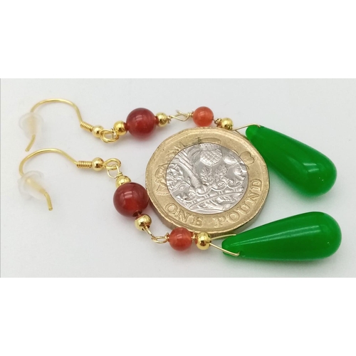 1450 - Pair of Gold Plated, Sterling Silver Beaded Drop Earrings with Jade Stones. 6cm drop, 5g total weigh... 