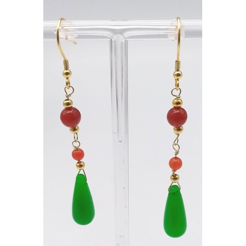 1450 - Pair of Gold Plated, Sterling Silver Beaded Drop Earrings with Jade Stones. 6cm drop, 5g total weigh... 