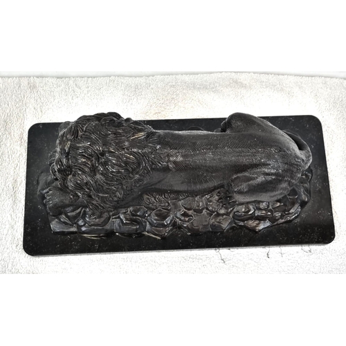 1619 - A Vintage, Possibly Antique Bronze Sculpture of a Resting Lion. Black patinated finish. Black marble... 