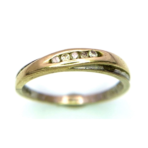 1485 - A Vintage 9K Yellow and White Gold Diamond Band Ring. 0.15ctw. Size P/Q. 2g total weight.