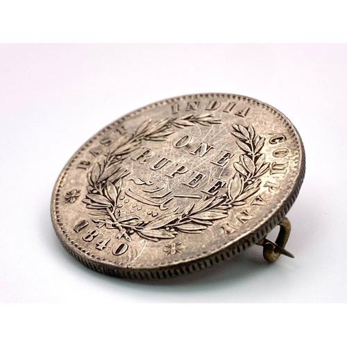 1583 - An 1840 Silver One Rupee Coin Brooch.