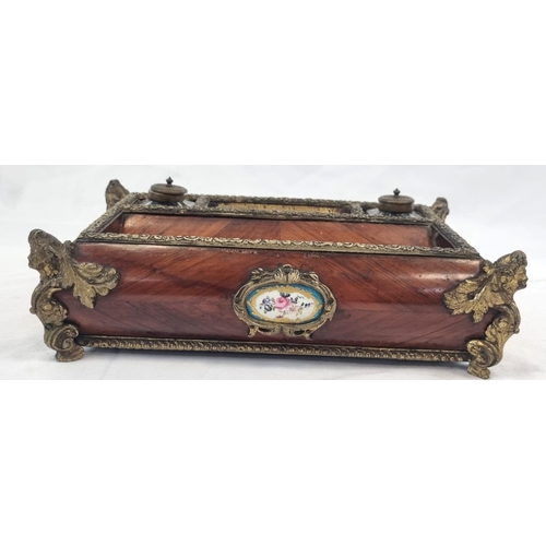 675 - An Antique French Wood and Enamel Inkwell with Brass Ink Bottle holders and Ornate Brass Corners. En... 