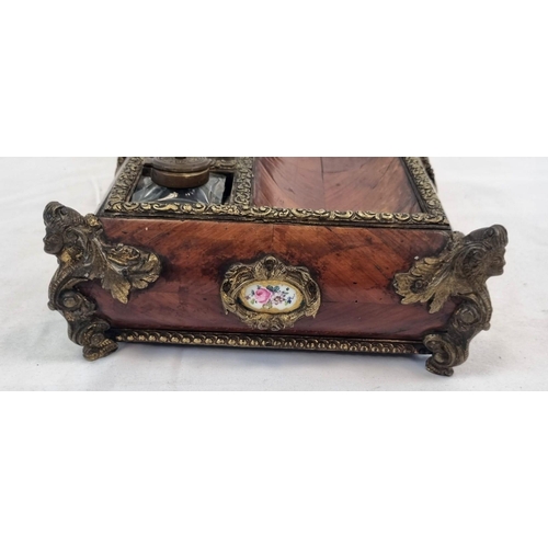 675 - An Antique French Wood and Enamel Inkwell with Brass Ink Bottle holders and Ornate Brass Corners. En... 